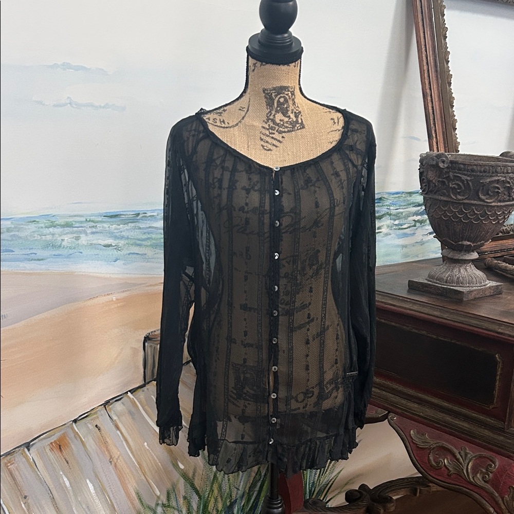 Galliano Black Sheer Lace and Ruffle Blouse